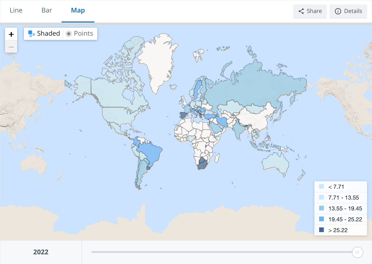 The image shows a world map of youth unemployment by the World Bank, based on data of the International Labour Organization (ILO).